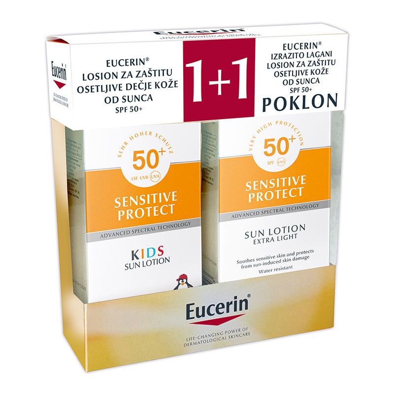 Eucerin Box(sun losion za zaštitu osetljive dečije kože od sunca SPF50+ izrazito lagani losion za zaštitu osetljive kože SPF50+)